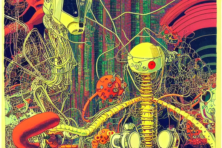 Image similar to risograph grainy drawing vintage sci - fi, satoshi kon color palette, gigantic fat mantis full - body covered with robot parts and wires, with lot tentacles, codex seraphinianus painting by moebius and satoshi kon and dirk dzimirsky close - up portrait