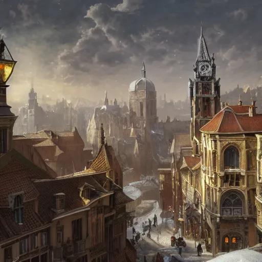 Image similar to an ultra detailed matte painting of the quaint town of galic, grid shaped city cobblestone streets, fantasy city, light snowfall, wind, inspiring gothic architecture, ultrawide lense, aerial photography, unreal engine, exquisite detail, 8 k, art by greg rutkowski and alphonse mucha