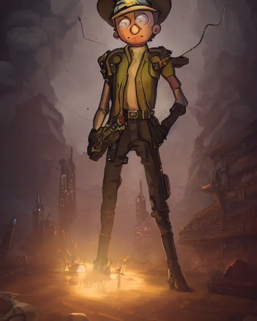 Prompt: Morty from the show Rick and Morty, Steampunk Sniper, Anthropomorphized, magic the gathering artwork, D&D, fantasy, cinematic lighting, centered, symmetrical, highly detailed, digital painting, artstation, concept art, smooth, sharp focus, illustration, volumetric lighting, epic Composition, 8k, art by Akihiko Yoshida and Greg Rutkowski and Craig Mullins, heroic pose, oil painting, cgsociety, Golden Steampunk city atmosphere