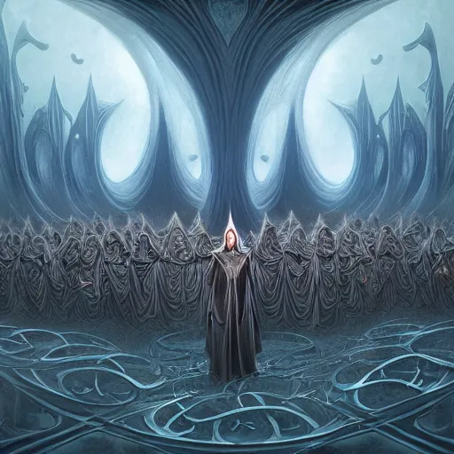 Image similar to a dark cabal of multiple hooded elven mystics in long dark robes gathered in a circular formation around a quantum computer, dan seagrave art, michael whelan, artstation, cgsociety