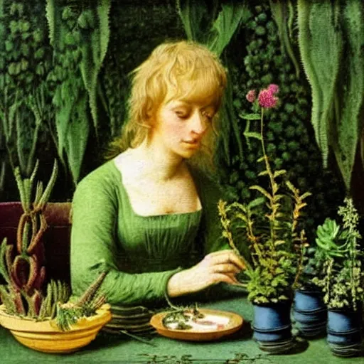 Image similar to painting by Caspar David Friedrich of a beautiful blonde woman with shoulder length hair in a forest green dress putting colorful succulents into rainbow pots at a square table