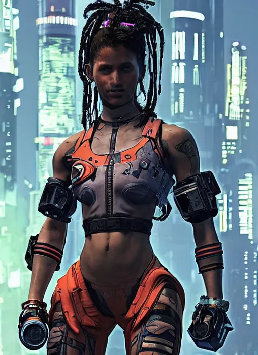 Prompt: sonya. apex legends cyberpunk weight lifter. concept art by james gurney and mœbius. cinematic, dramatic lighting ( cyberpunk 2 0 7 7 ), clean aesthetic