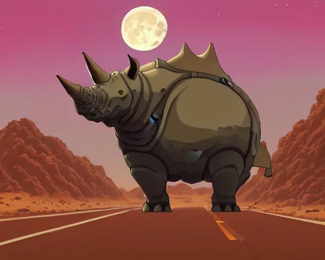 Prompt: a cell shaded cartoon of a lovecraftian mechanized rhino on a desert road, in front of a big moon illustration, wide shot, subtle colors, post grunge, studio ghibli, david rubin, mike mignola, laurie greasley, highly detailed, sharp focus, trending on artstation, hq, deviantart, art by artgem