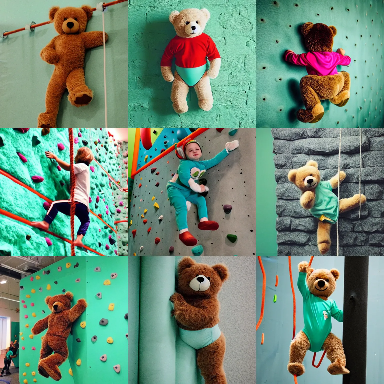 Prompt: “teddybear in mint green onesie climbing a rock wall top rope, colorful indoor gym”