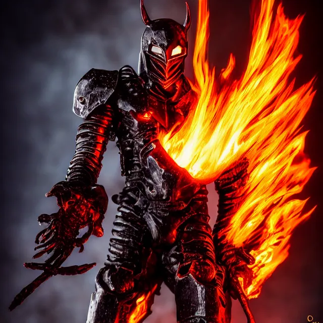 Image similar to hell knight with fire powers, highly detailed, 4 k, hdr, smooth, sharp focus, high resolution, award - winning photo, clayton crain, photorealistic