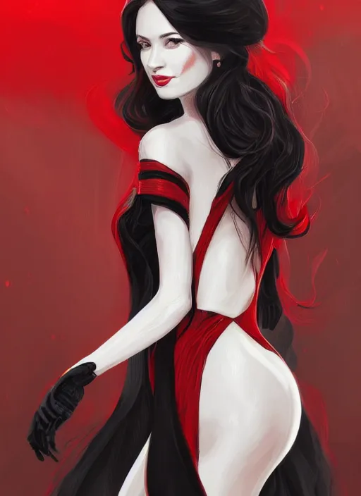 Image similar to a highly detailed illustration of elegant beautiful long black hair white woman wearing a red and black dress, dramatic smile pose, perfect face, intricate, elegant, highly detailed, centered, digital painting, artstation, concept art, smooth, sharp focus, league of legends concept art, WLOP