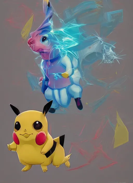 Image similar to colourful caricature - 3 d vfx art - of a pikachu, art style by james jean & hsiao - ron cheng, character concept art, unreal engine render, digital illustration, sharp, intricate detail, volumetric light, ray tracing, soft light, symmetric, pinterest, artstation, behance,