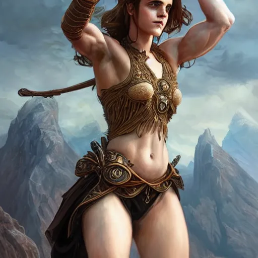 Image similar to portrait of emma watson, muscular, upper body,big chest, amazon warrior, fantasy, intricate, elegant, highly detailed, digital painting, artstation, concept art, matte, sharp focus, illustration, art by Artgerm and Greg Rutkowski and Alphonse Mucha