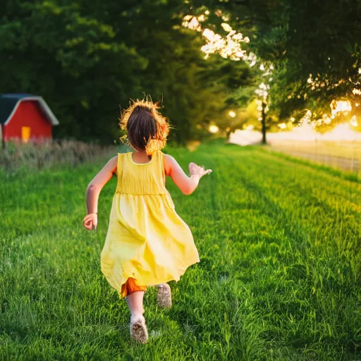 Prompt: A girl runs to the center of the frame in a yellow sundress, a red elastic band for her hair, a full-length profile, a night photo, a barn and bushes with trees in the background, realistic photo, 8k, 35 mm