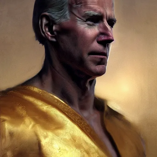 Prompt: detailed realistic cinematic wide shot of beautiful attractive muscular joe biden, roman empreror gold clothes wearing blue bath robe slim face symettrical face clean skin black eyes black robe smooth, sharp focus, ultra realistic, spring light, painting by gaston bussiere, craig mullins, j. c. leyendecker