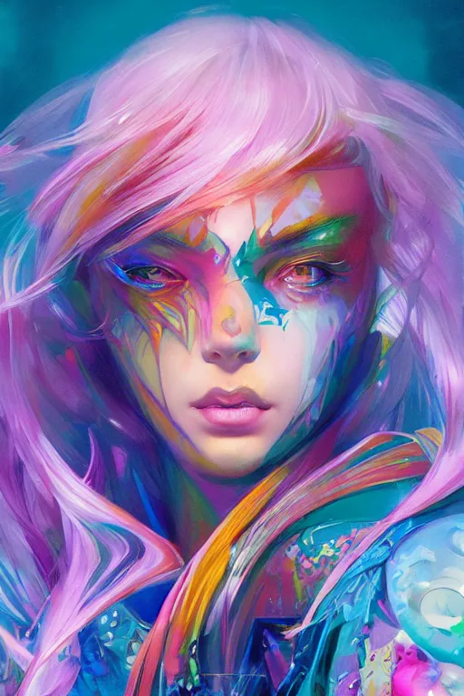 Image similar to chromatic goddess of colors, d & d, full body portrait, mixed media, seductive look, chromatic aberration, hyper realistic, highly detailed, headshot, digital painting, trending on artstation, concept art, sharp focus, illustration, art by wlop and artgerm and greg rutkowski and ayami kojima