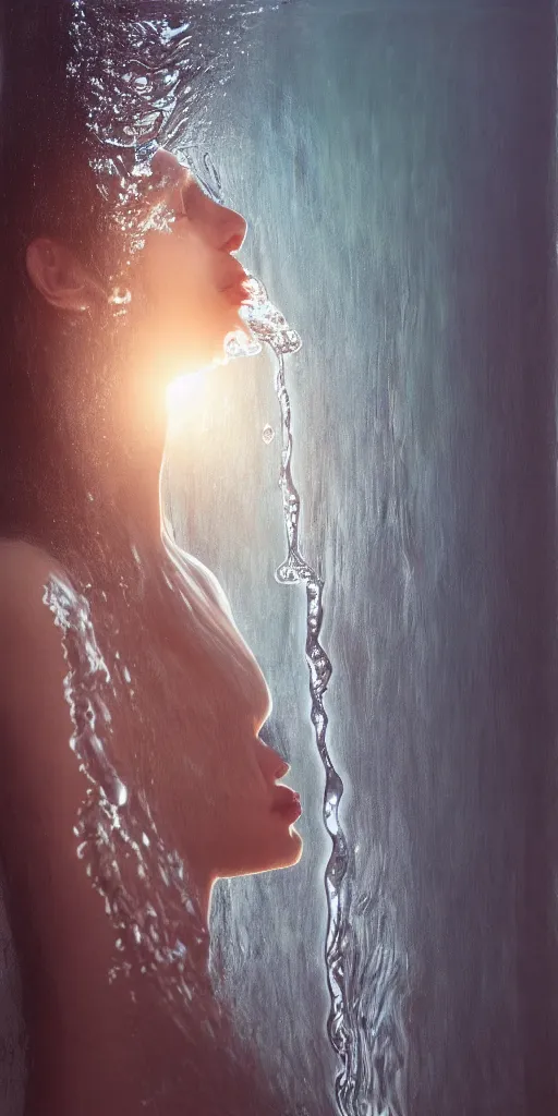 Image similar to portrait of woman drinking water during sunrise, sunrays, flowing fabrics, caustics, rippling water, photoshoot, flowing hair, haunting, iconic, fine-art, masterpiece, trending on artstation