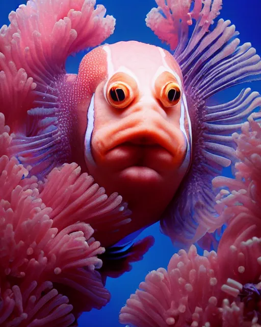 Image similar to natural light, soft focus portrait of a cyberpunk anthropomorphic clown fish with soft synthetic pink skin, blue bioluminescent plastics, smooth shiny metal, elaborate ornate head piece, piercings, skin textures, by annie leibovitz, paul lehr