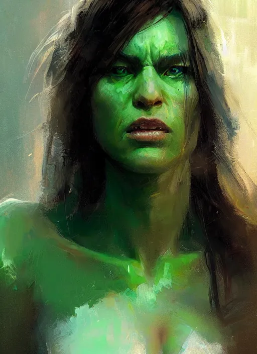 Image similar to green orc female, light green tone beautiful face, by jeremy mann, by greg rutkowski, by wlop, digital painting