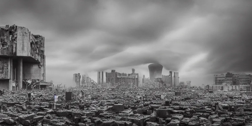 Image similar to a nuclear landscape of the southbank centre in london, collapsed brutalist architecture, groups of human figures stagger among the ruins, fog, dust atmosphere, brooding clouds, mushroom cloud, detailed, 4k