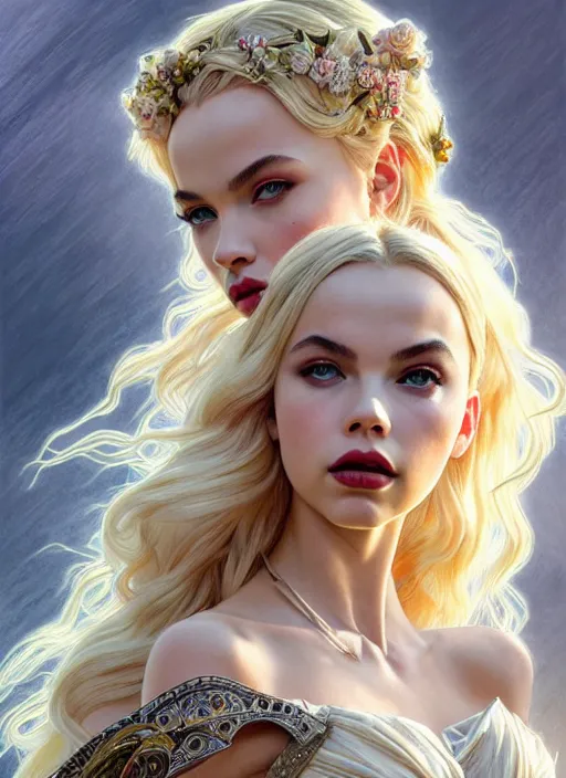 Image similar to ultra realistic illustration, a stunningly beautiful greek gothic goddess of chaos played by jordyn jones and dove cameron and margot robbie and taylor swift and megan fox, intricate, elegant, highly detailed, digital painting, artstation, concept art, smooth, sharp focus, illustration, art by artgerm and greg rutkowski and alphonse mucha