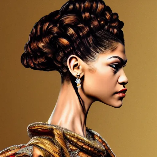 Image similar to painted portrait of zendaya wearing baroque clothing, profile view, extremely detailed, anatomically correct, hd, 8k, high quality, high res