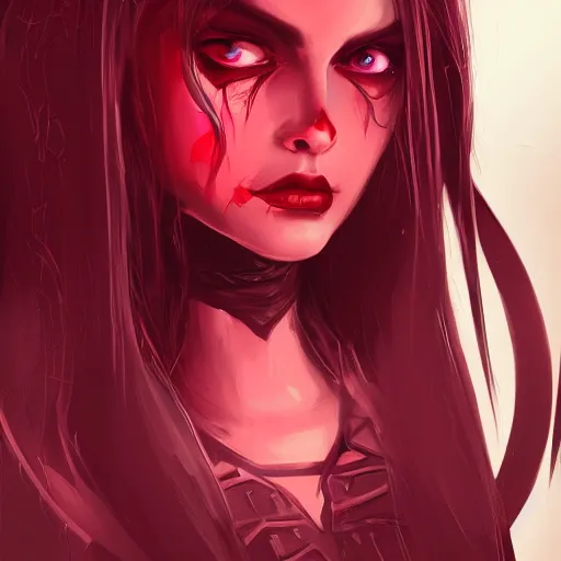 Image similar to dark witch character red and black colors, highly detailed, digital painting, artstation, concept art, smooth, sharp focus, illustration