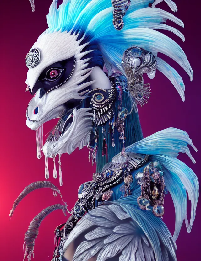 Image similar to 3 d goddess close - up profile simple portrait punk with mohawk with ram skull. beautiful intricately detailed japanese crow kitsune mask and clasical japanese kimono. betta fish, jellyfish phoenix, bio luminescent, plasma, ice, water, wind, creature, artwork by tooth wu and wlop and beeple and greg rutkowski