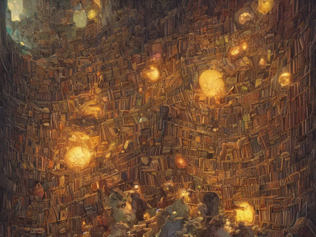 Prompt: a detailed portrait of fantasy library full of old tomes, by victo ngai and justin gerard, digital art, realistic painting, very detailed, fantasy, dnd, character design, trending on artstation