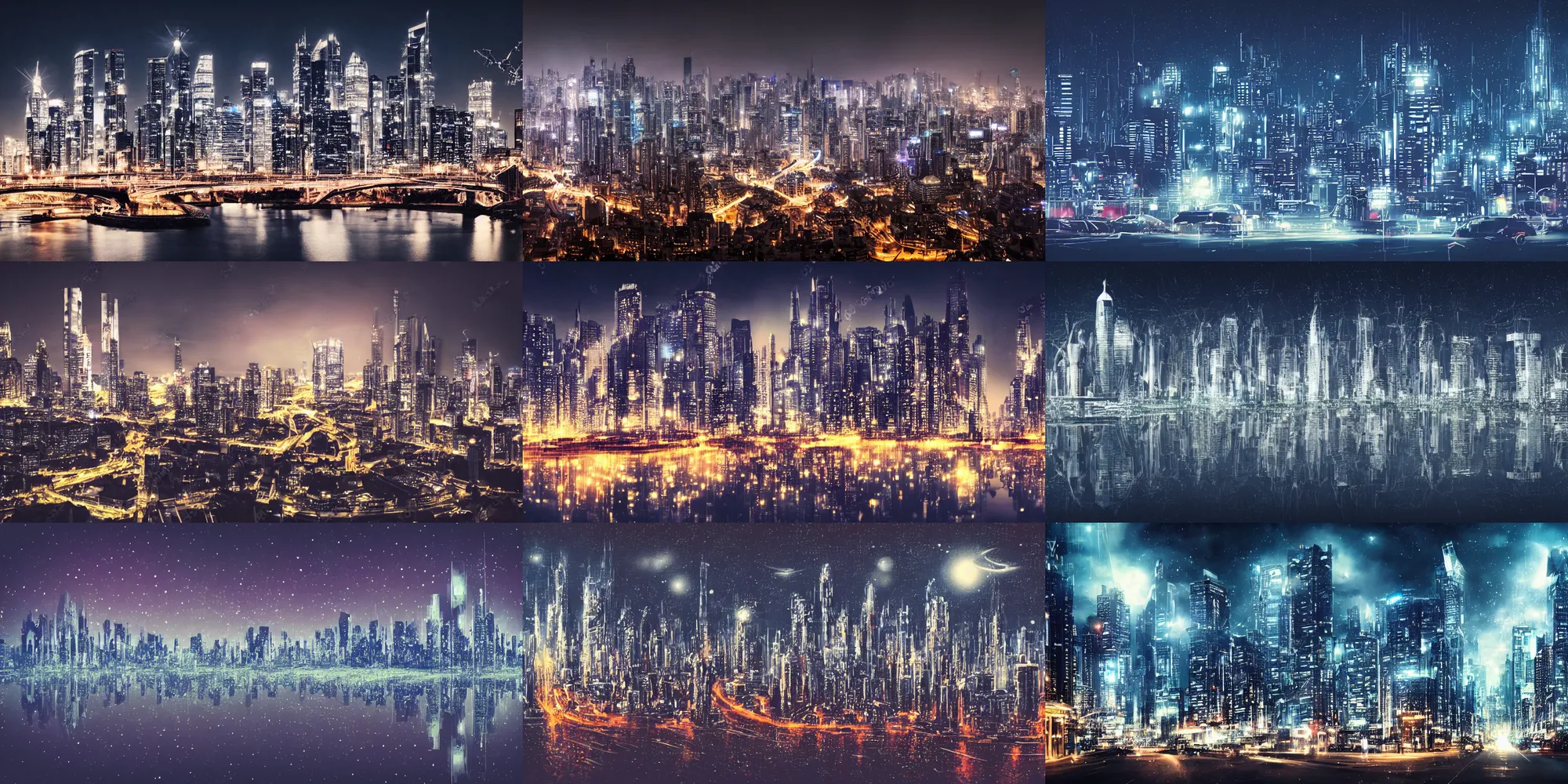 Prompt: A futuristic cityscape at night, with all the lights twinkling and the sky is ominous-looking