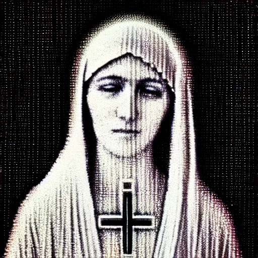 Image similar to vhs static overlay of virgin mary, vhs, 1 9 9 0, highly realistic, highly detailed, vhs noise static, black and white, vhs glitch