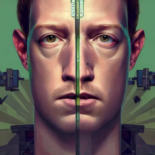 Prompt: imposing, ominous portrait of cyborg Mark Zuckerberg as a grand theft auto 5 loading screen, symmetry, front view, intricate, studio, art by anthony macbain + greg rutkowski + alphonse mucha, concept art, 4k, sharp focus