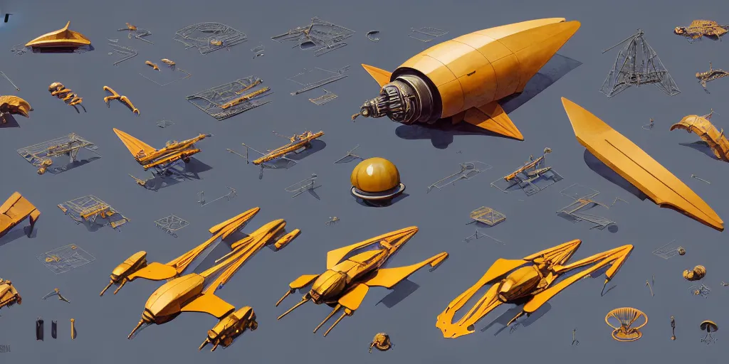 Image similar to collection of exploration of form and shapes, moebius, engine, props, hard surface, panel, simon stalenhag, kitbash, items, gadget, big medium small, close up, vehicles, futuristic, parts, machinery, greebles, insanely detailed, golden ratio, wes anderson color scheme, in watercolor gouache detailed paintings, sleek design, spaceship