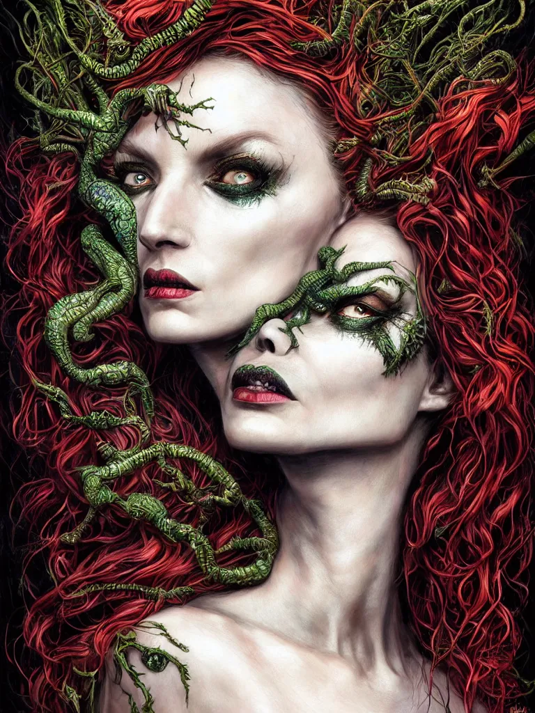 Image similar to single face portrait. complex hyper-maximalist overdetailed cinematic cosmic scifi portrait of an elegant very attractive but wild and dangerous reptilian goddess by andrei riabovitchev, tomasz alen kopera, oleksandra shchaslyva. Omnious intricate. Secessionist portrait illustration. Poison goddes. Slightly Reminds to poison ivy. Focus on face. Artstation. Deviantart. 8k 4k 64megapixel. Rendered by binx.ly.