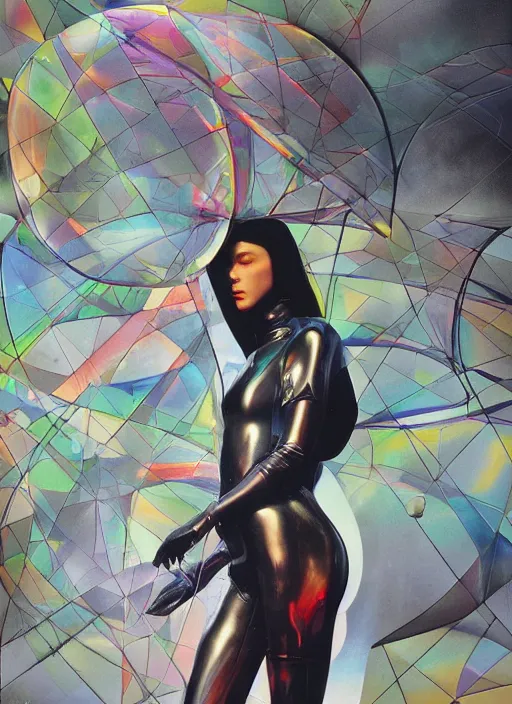 Image similar to futuristic lasers tracing, colorsmoke, leather fullbodysuit, pyramid hoodvisor, raindrops, wet, oiled, beautiful cyborg girl, by steven meisel, kaws, rolf armstrong, mondrian, kandinsky, perfect geometry abstract acrylic, octane hyperrealism photorealistic airbrush collage painting, dark monochrome, fluorescent colors, minimalist rule of thirds, eighties eros