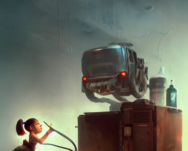 Image similar to awoke to the violent crunch of metal on wood, radiator, sweet smells of antifreeze and gasoline, by wlop, artgerm, greg rutkowski, volumetric lighting, movie poster, pixar