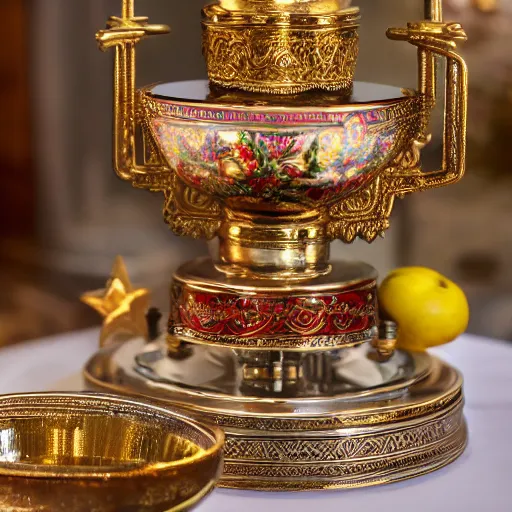 Prompt: product view of ornate Russian samovar on a table with candles, fruit and flower arrangements, photorealism, metal reflections, DSLR, 20mm lens, professional photography, elite, luxury, five-star, Michelin, photographic, CG Society, deep focus, extreme detail, razor sharp