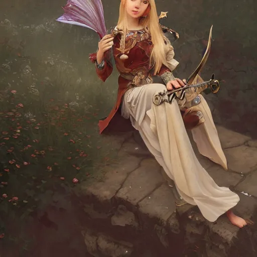 Prompt: elf fairy bard with a lute, art supplies in bag, wearing a cardigan, blonde, highly detailed, intricate, digital painting, artstation, sharp focus, illustration, art by jakub rozalski, greg rutkowski, artgerm, tan zi and ayanamikodon and alphonse mucha and wlop