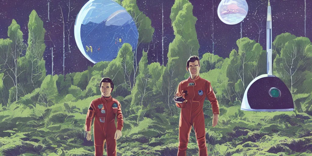 Image similar to portrait of Alain Delon pilot in spacesuit on field forrest spaceship station, artillery, lake, trees, long shadows in outer worlds in FANTASTIC PLANET La planète sauvage animation by René Laloux