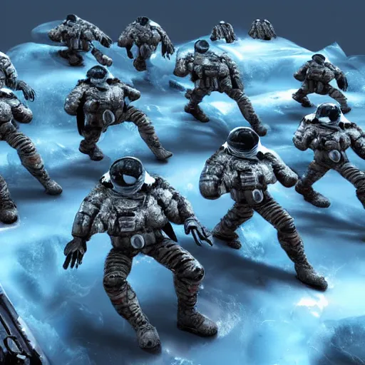 Image similar to an army of space soldiers invading an ice world full of mountains and rocks, award winning, trending on artstation, unreal engine