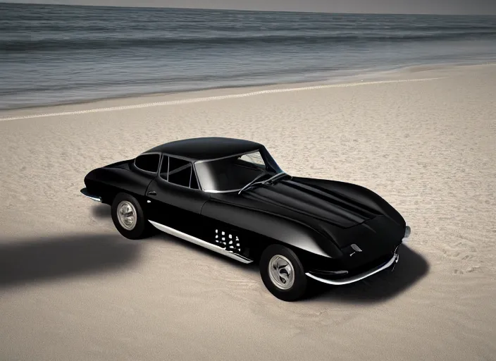 Image similar to hyperrealism, detailed textures, photorealistic 3 d render, a dreamy beach in cuba, a 1 9 6 4 split window corvette obsidian black, sharp focus, ultra realistic, ultra high pixel detail, cinematic, intricate, cinematic light, concept art, illustration, art station, unreal engine 8 k