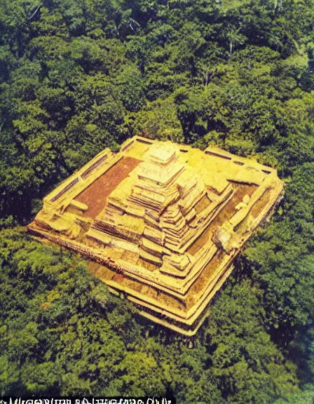 Prompt: vintage color photo of aerial view of a massive 1 1 0 million years old temple made of liquid gold covered in graffiti in the jungle