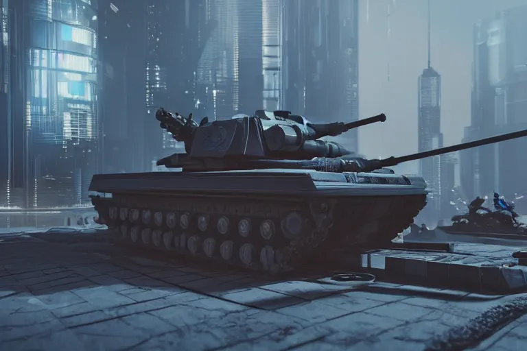 Image similar to cyberpunk concept inspired tank, futuristic look, highly detailed body, very powerful, photorealistic camera shot, bright studio setting, studio lighting, crisp quality and light reflections, unreal engine 5 quality render