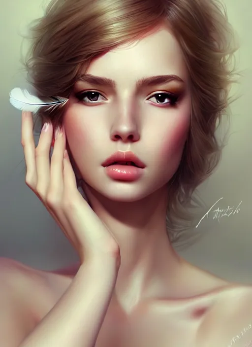 Image similar to a gorgeous female photo, professionally retouched, soft lighting, wearing a feather dress, realistic, smooth face, perfect eyes, wide angle, sharp focus on eyes, 8 k high definition, insanely detailed, intricate, elegant, art by artgerm and wlop