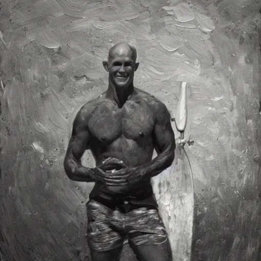 Prompt: an impasto oil painting from the 1 9 3 0 s of kelly slater!! holding a class of water, 5 0 mm black and white photography, high detail, 4 k resolution