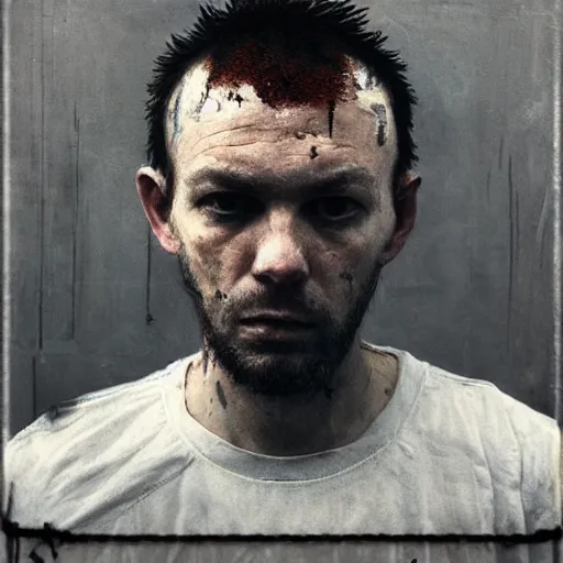 Prompt: grainy mugshot photo of an ugly criminal, (((high tech, cyberpunk))), by cy Twombly and BASTIEN LECOUFFE DEHARME