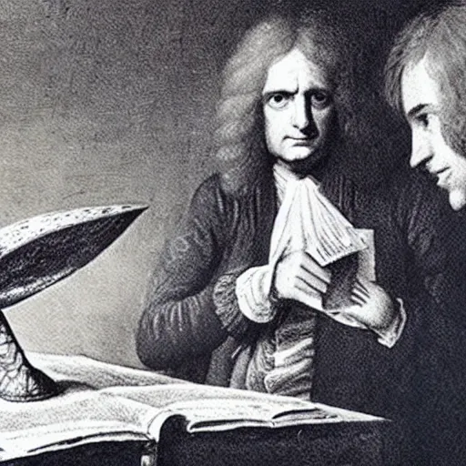 Prompt: isaac newton discovering pink floyd ( 1 6 6 0 )