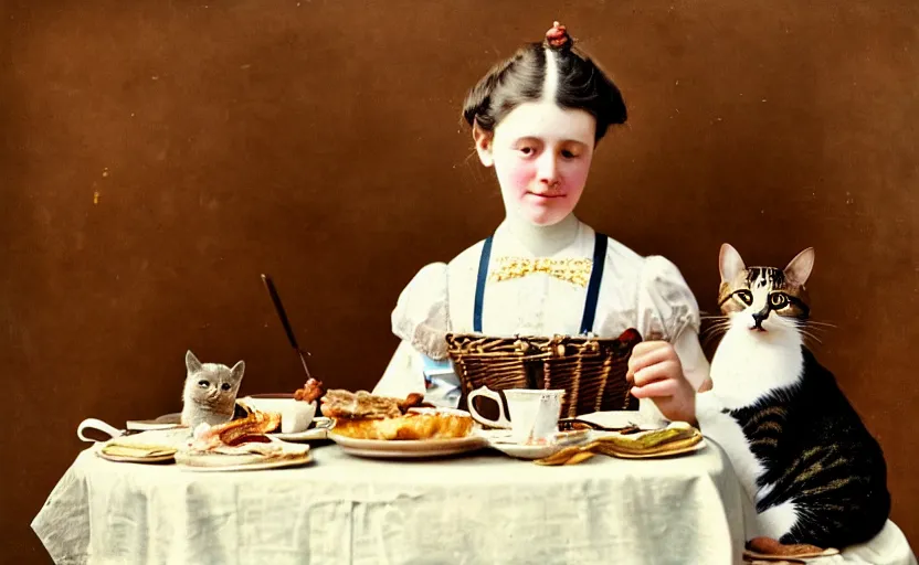 Image similar to a girl has breakfast with her cat at the table filled with food, flowery wallpaper, 1 8 8 0 s style, professional photography, color