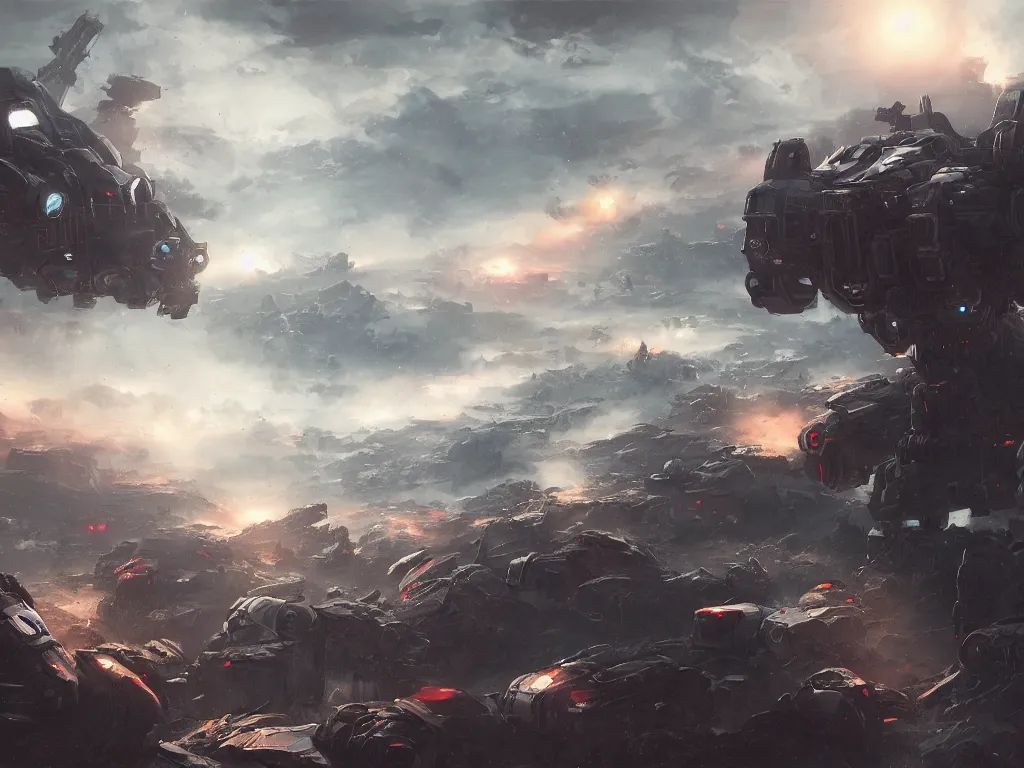 Image similar to ariel view, wide angle view, war mechs fighting, mech battlefield battling, wartorn, desolate gloomy planet, science fiction, by andree wallin