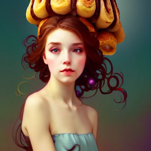 Image similar to portrait of a girl with a bundt cake on her head, digital art, cinematic, concept art, 8k, painting, imaginefx, cgsociety, art nouveau, Alphonse Mucha, trending on artstation, wide shot, full shot