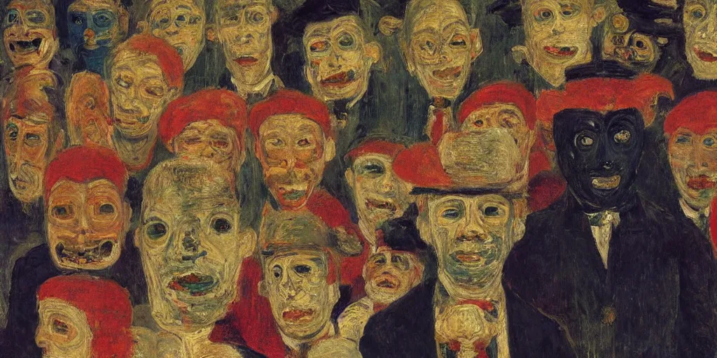 Prompt: self portrait with masks. james ensor. ( 1 8 9 8 ) oil on canvas