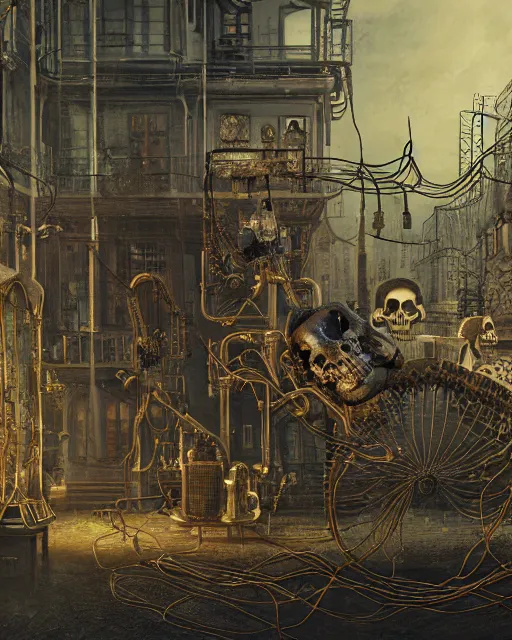 Image similar to beautiful strange detailed painting 8k resolution A steampunk skull with tubes wires and Dieselpunk scene by Paul Delvaux rendered in octane 8k