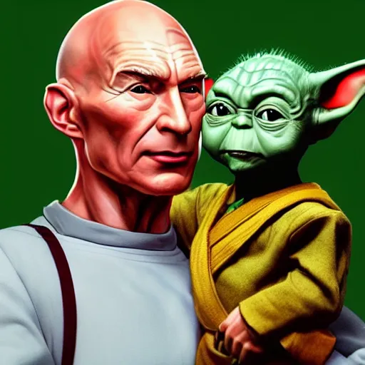 Image similar to a hyper real comic book style portait painting of captain picard with baby yoda on his chest, unreal 5, hyperrealistic, octane render, cosplay, rpg portrait, dynamic lighting