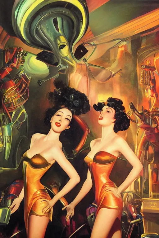 Prompt: Alien debutantes from another planet visit a jazz nightclub in Harlem in 1946, an epic painting, volumetric lighting, intricate, elegant, highly detailed, digital painting, artstation, concept art, smooth, sharp focus, art by Gil Elvgren