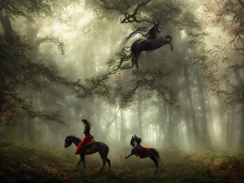 Prompt: a female beauty wearing a red cap rides through a dense green oak and beech forrest on a strong black horse, rays of life, cinematic, fantasy art, moody evening light, foggy, cryengine, trending on artstation, by esao andrews, by cynthia sheppard, by naoto hatori, by tyler jacobson, by chris rahn